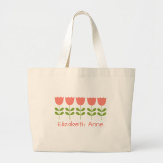 Pink and Green Tulips Personalised Reversible Large Tote Bag