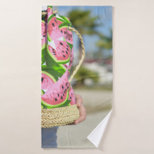 Pink and green water melon-printed bag bath towel