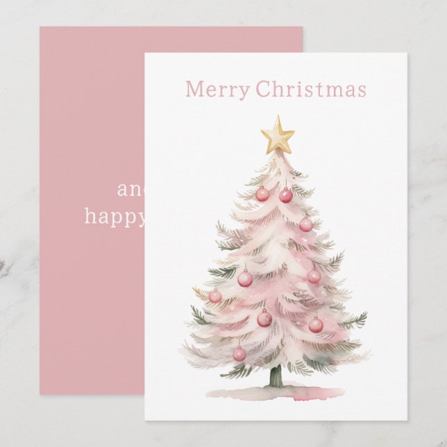 Pink and Green Watercolor Christmas Tree Holiday Card (Front/Back)