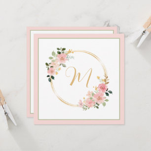 Pink and Green Watercolor Floral Wreath Monogram