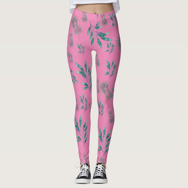 Pink and Green Watercolor Palm Leaves Leggings (Front)