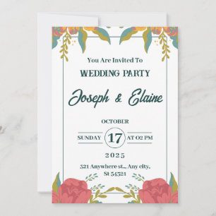 Pink and green watercolor wedding flowers invitation