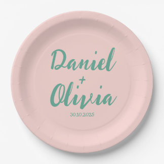 Pink and Green Wavy Wedding Paper Plate