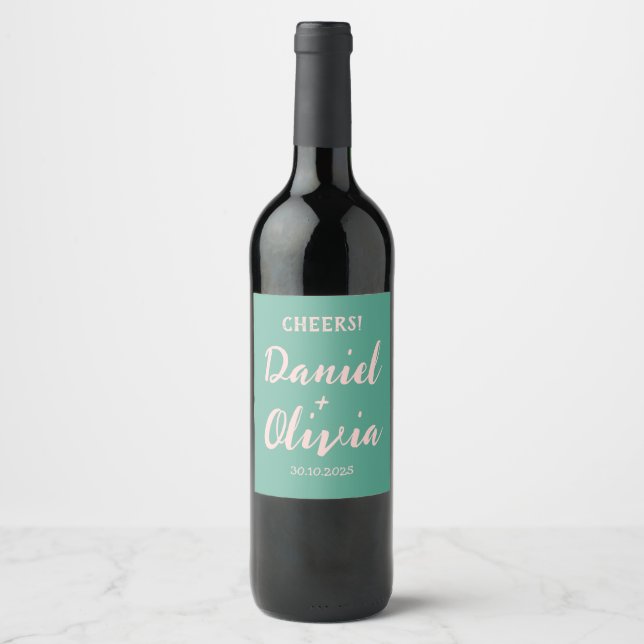 Pink and Green Wavy Wedding  Wine Label (Front)