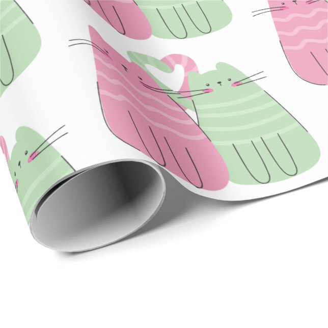 Pink and Green Wedding Love Cats Wrapping Paper (Roll Corner)
