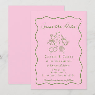 pink and green Whimsical Doodle Trendy Wedding Invitation