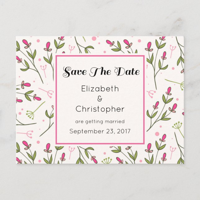 Pink and Green Wildflowers Pattern Save The Date Announcement Postcard (Front)