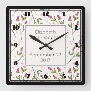 Pink and Green Wildflowers Pattern Wedding Square Wall Clock