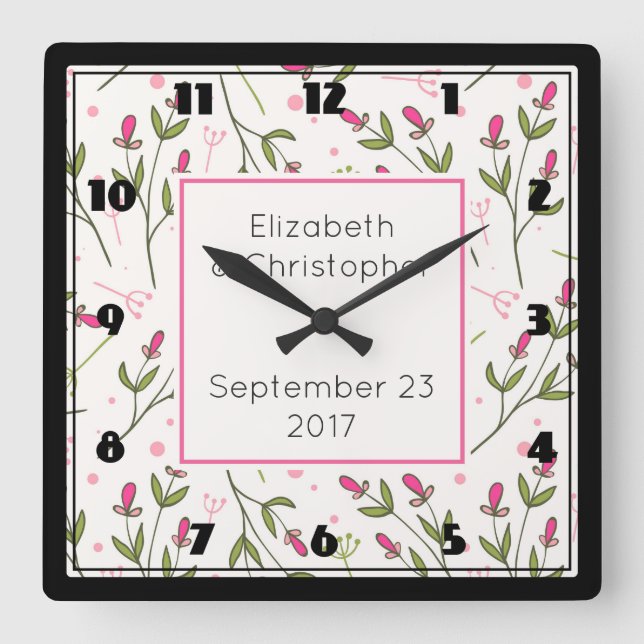 Pink and Green Wildflowers Pattern Wedding Square Wall Clock (Front)