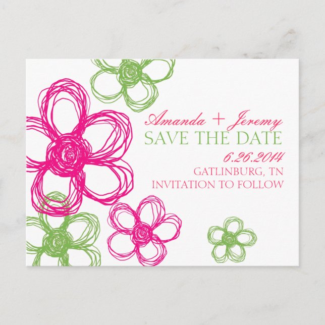 Pink and Green Wildflowers Save The Date Announcement Postcard (Front)
