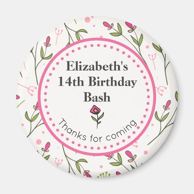 Pink and Green Wildflowers Thank You Birthday Magnet (Front)