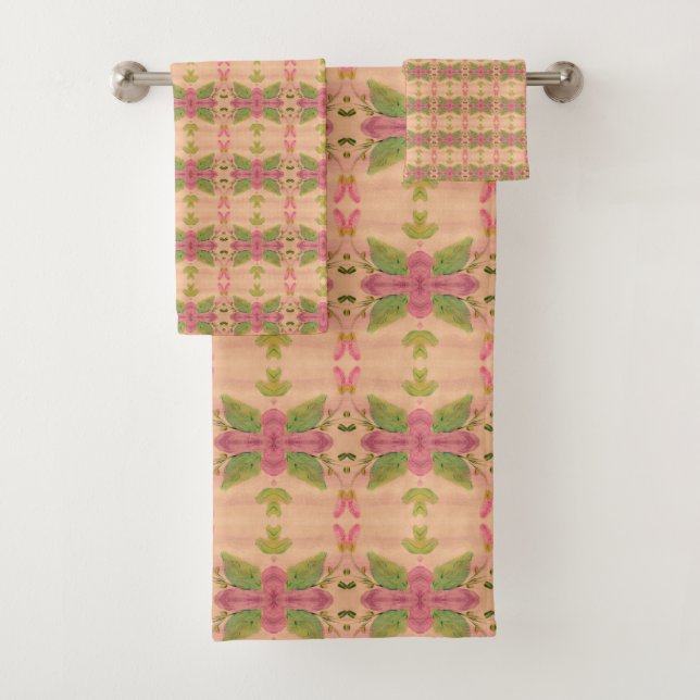 Pink And Green With Peach Bath Towel Set (Insitu)