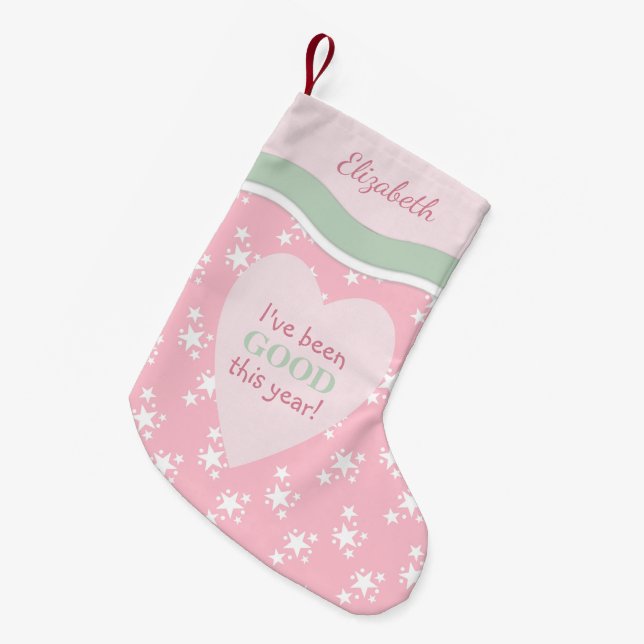 Pink and green with stars and name small christmas stocking (Front (Hanging))