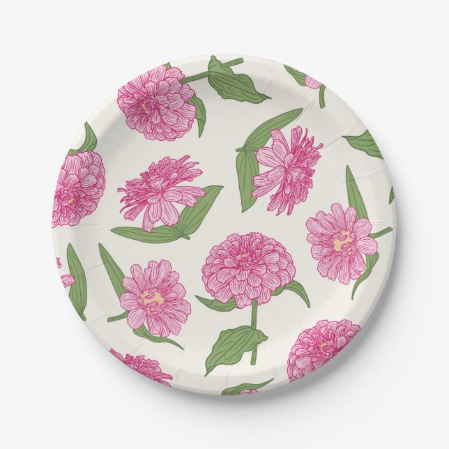 Pink and Green Zinnia Flowers Paper Plate (Front)