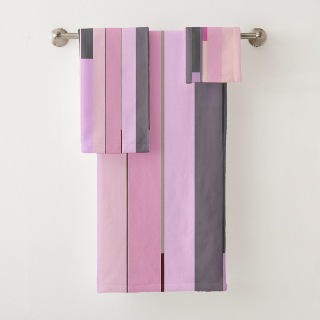 Pink and grey abstract Stripes Bath Towel Set (Insitu)