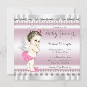 Pink and Grey Angel Pearl Baby Girl Shower Invitation