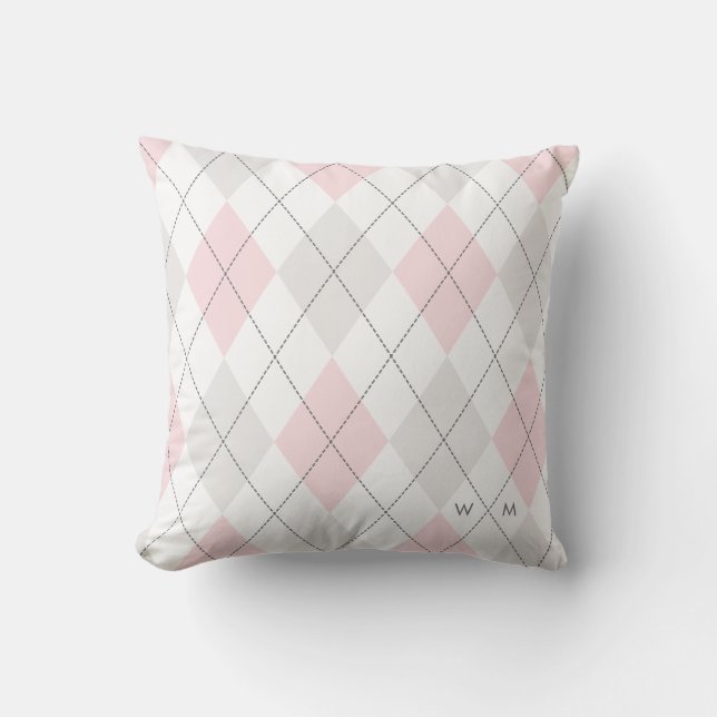 Pink and Grey Argyle Pattern Monogram Pillow (Front)