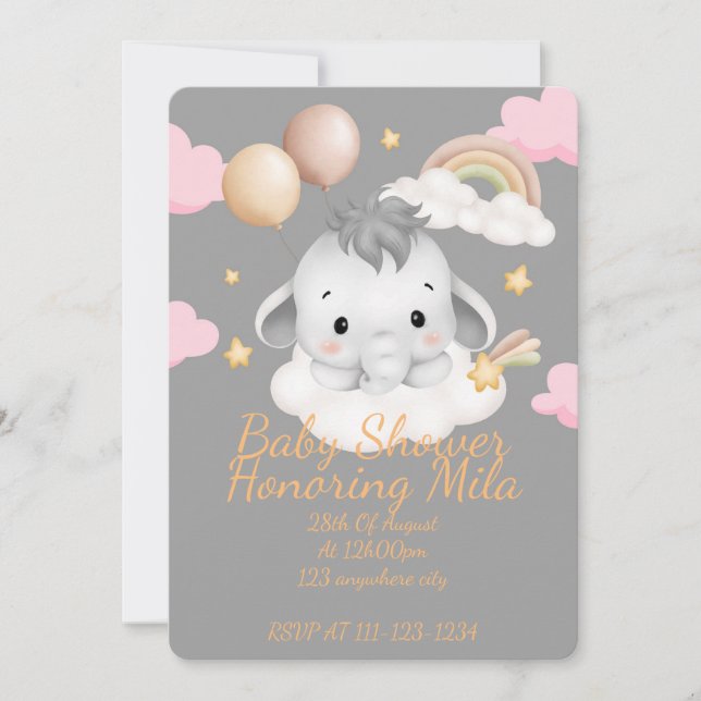 Pink and Grey baby elephant baby shower  Invitation (Front)