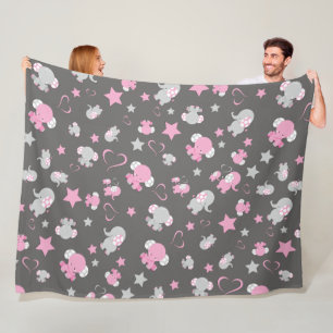 Pink and Grey Baby Elephant Pattern Fleece Blanket