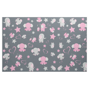 Pink and Grey Baby Elephant Pattern Print Fabric