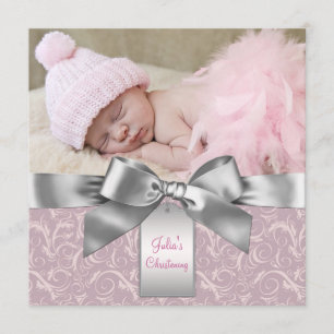 Pink and Grey Baby Girl Photo Christening Invitation