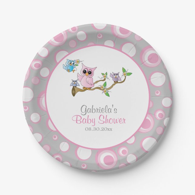 Pink and Grey Baby Owl Baby Shower Theme Paper Plate (Front)