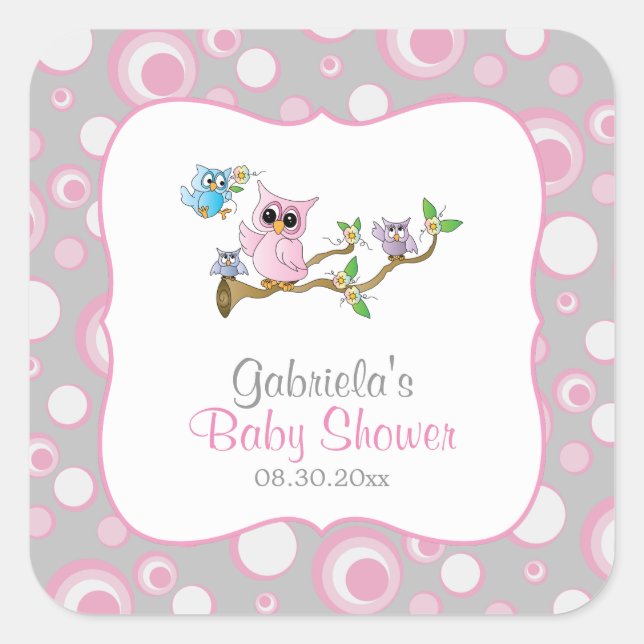 Pink and Grey Baby Owl Baby Shower Theme Square Sticker (Front)