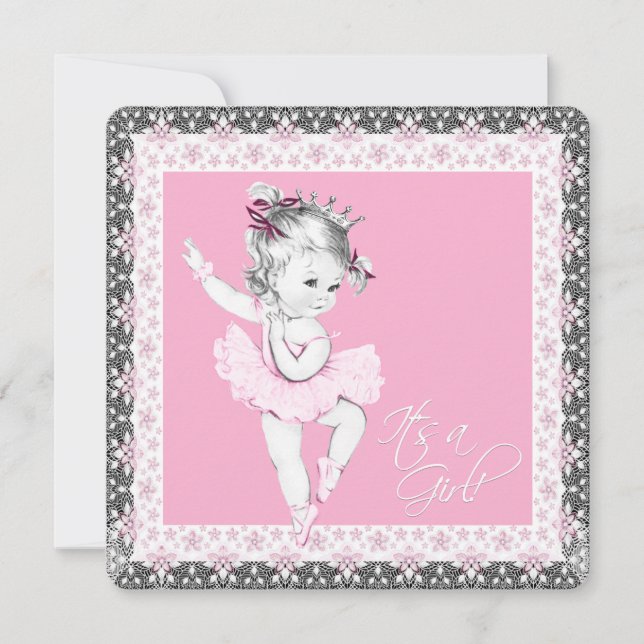 Pink and Grey Ballerina Baby Girl Shower Invitation (Front)