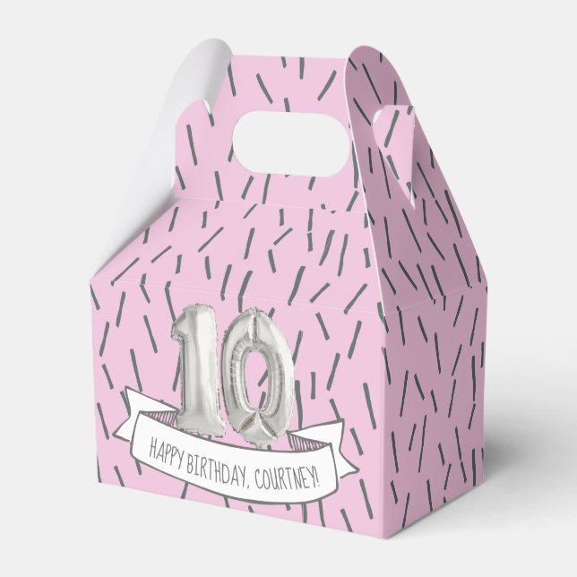 Pink and Grey Balloon Girls 10th Birthday Party Favour Box (Front Side)