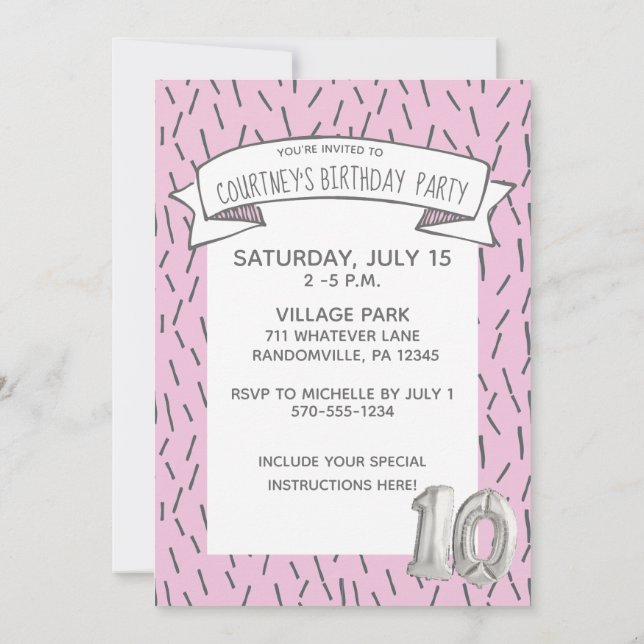 Pink and Grey Balloon Girls 10th Birthday Party Invitation (Back)