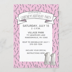 Pink and Grey Balloon Girls 11th Birthday Party Invitation