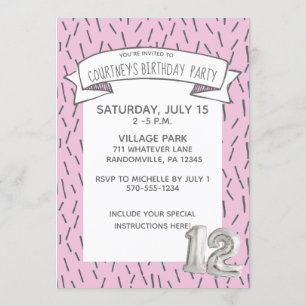 Pink and Grey Balloon Girls 12th Birthday Party Invitation