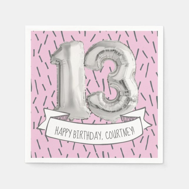 Pink and Grey Balloon Girls 13th Birthday Party Napkin (Front)
