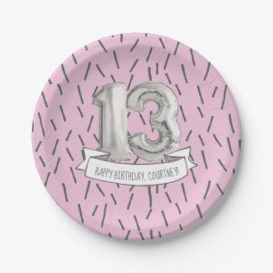 Pink and Grey Balloon Girls 13th Birthday Party Paper Plate