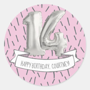 Pink and Grey Balloon Girls 14th Birthday Party Classic Round Sticker