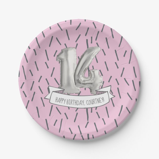 Pink and Grey Balloon Girls 14th Birthday Party Paper Plate (Front)
