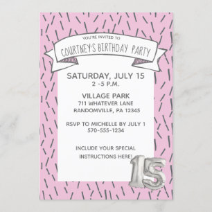 Pink and Grey Balloon Girls 15th Birthday Party Invitation