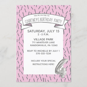 Pink and Grey Balloon Girls 4th Birthday Party Invitation
