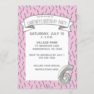 Pink and Grey Balloon Girls 6th Birthday Party Invitation