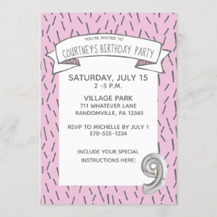 Pink and Grey Balloon Girls 9th Birthday Party Invitation