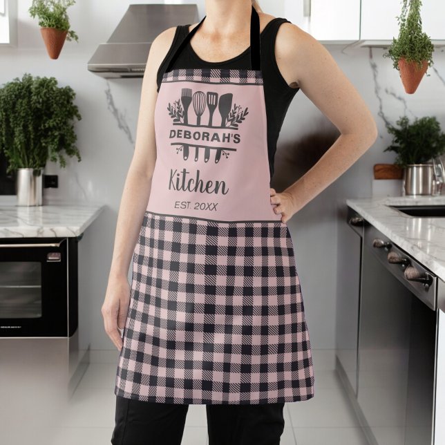 Pink and Grey Buffalo Plaid Kitchen Name Apron (Creator Uploaded)