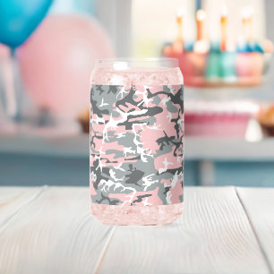 Pink and Grey Camouflage, Military, Army Can Glass