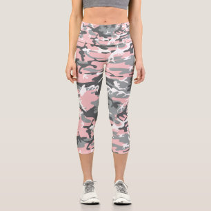 Pink and Grey Camouflage, Military, Army Capri Leggings