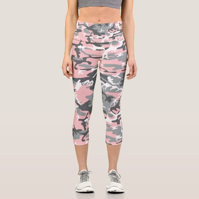 Pink and Grey Camouflage, Military, Army Capri Leggings (Front)