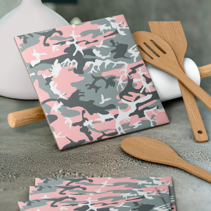 Pink and Grey Camouflage, Military, Army Ceramic Tile