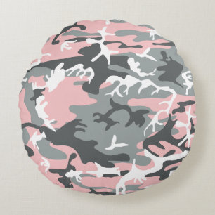 Pink and Grey Camouflage, Military, Army Round Cushion