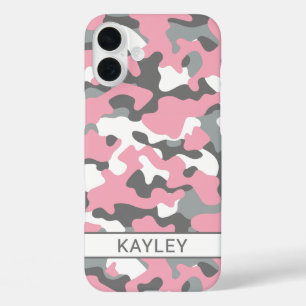Pink and Grey Camouflage Personalised iPhone 16 Plus Case