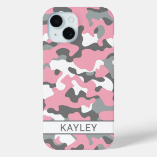 Pink and Grey Camouflage Personalised iPhone 15 Case