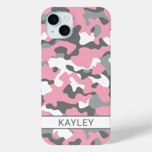 Pink and Grey Camouflage Personalised iPhone 15 Mini Case
