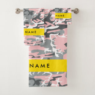 Pink and Grey Camouflage Your name Personalise Bath Towel Set